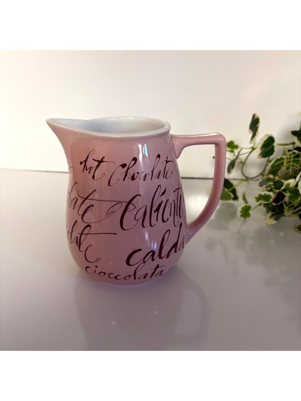 Rosanna Pink Ceramic Hot Chocolate Pitcher Brown Script Text Design 6 In Tall